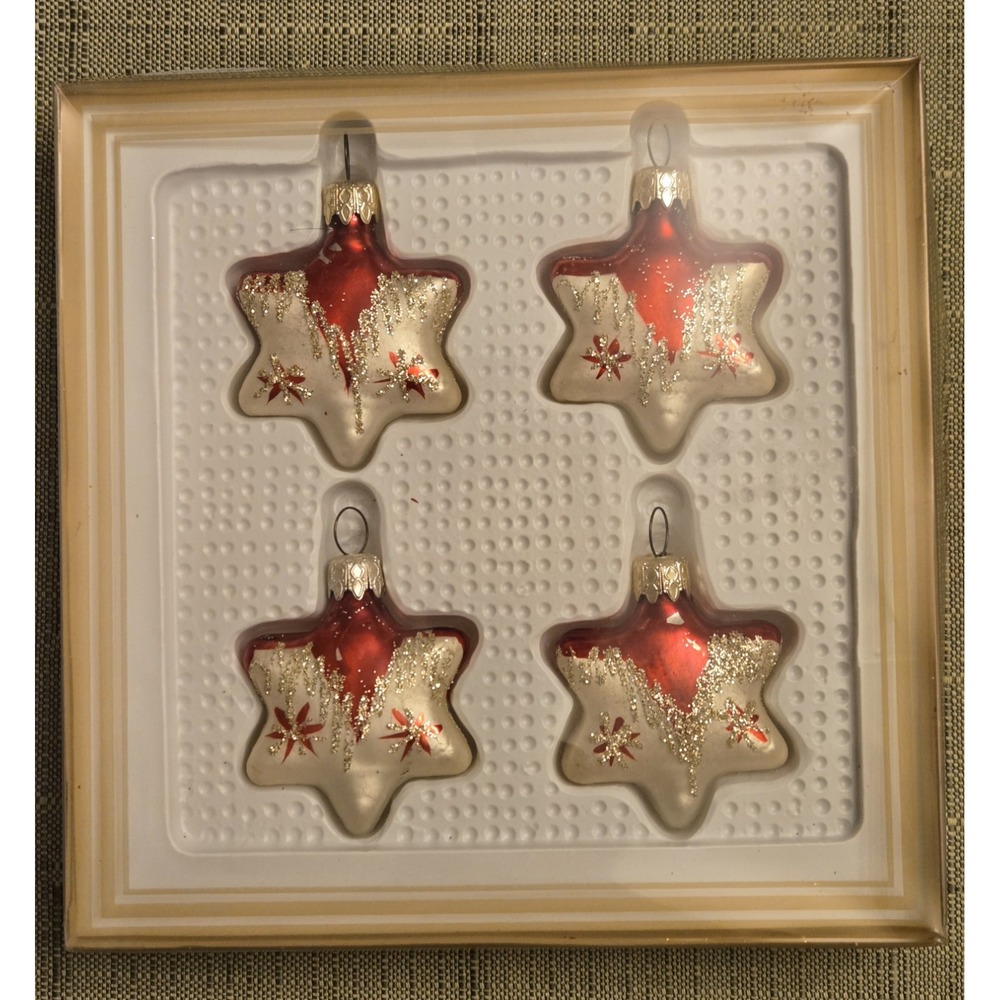 4 Vintage Hand Blown Glass Star Christmas Ornaments Germany Original Box *Read